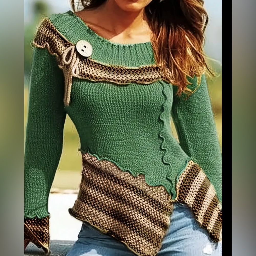 Beautiful Fall Sweater! Green with brown/tan Size L Women’s